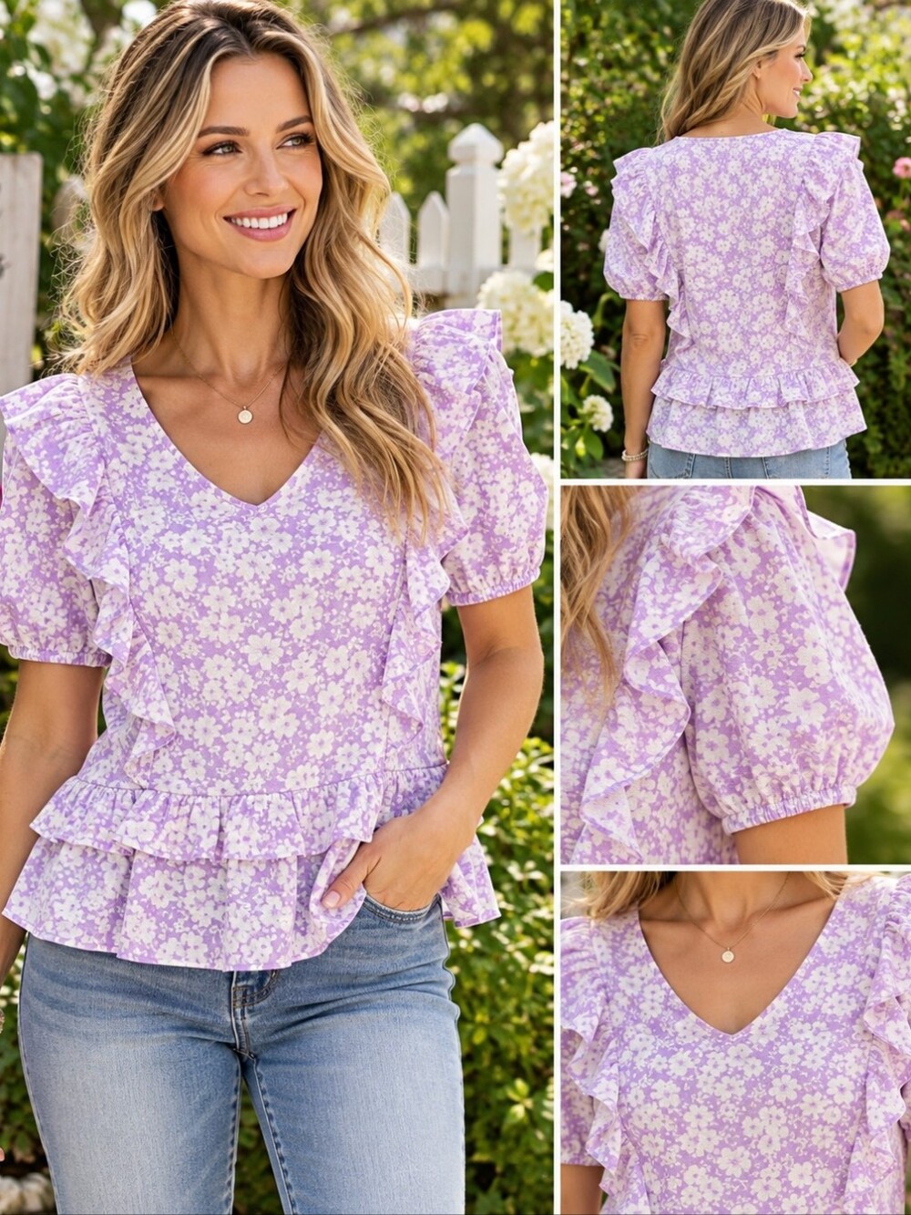 Candace Cameron Bure Floral Ruffle Peplum Blouse